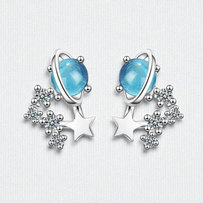 Zilveren Planeet Oorbellen met Blauwe Kristallen - Aramat Jewels - Oorbellen - cadeautip