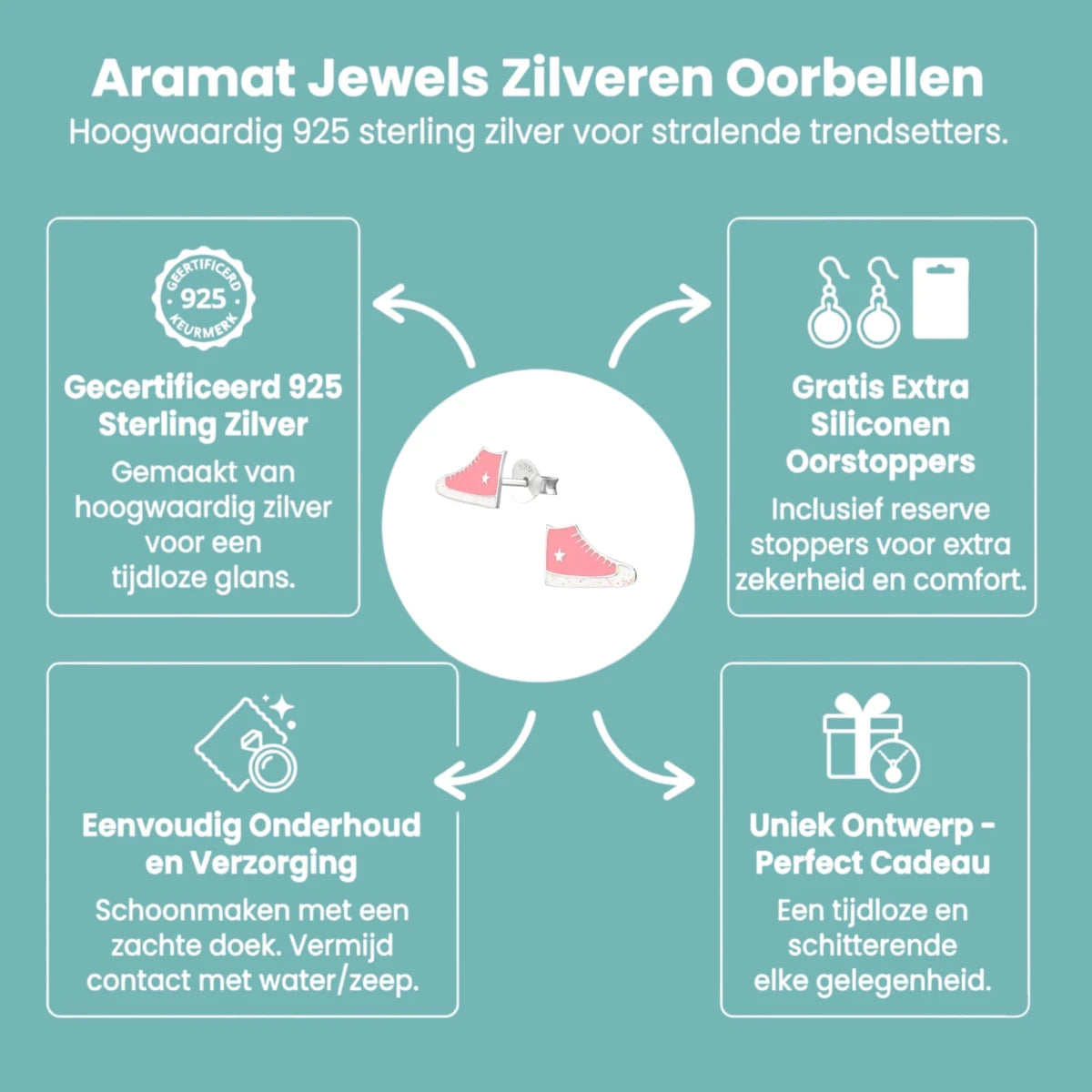 Zilveren Sneaker Oorbellen met Roze en Witte Glitter Emaille – 10x6mm - Aramat Jewels - Oorbellen - cadeautip