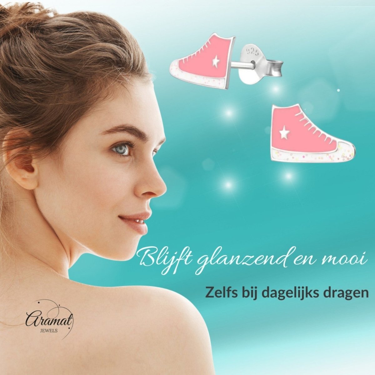 Zilveren Sneaker Oorbellen met Roze en Witte Glitter Emaille – 10x6mm - Aramat Jewels - Oorbellen - cadeautip