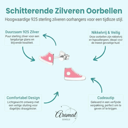 Zilveren Sneaker Oorbellen – Roze en Witte Emaille – 10x6mm - Aramat Jewels - Oorbellen - cadeautip
