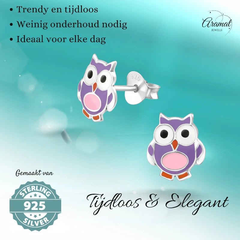 Zilveren Uiltjes Oorbellen Meisje – 925 Zilver – Paars Roze Emaille – 8mm – Kinder Oorstekers - oor895 - 22223 - Oorbellen kopen# - 8mm - 925 Zilver - alles