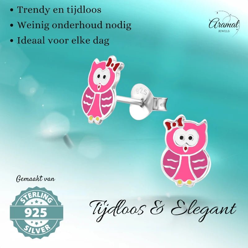 Zilveren Uiltjes Oorbellen Meisje – 925 Zilver – Roze & Donkerroze Emaille – 8x6mm – Kinder Oorstekers - oor885 - 26495 - Oorbellen kopen# - 8mm - 925 Zilver - alles