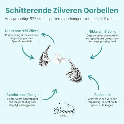 Zilveren Unicorn Oorbellen geoxideerd - Cadeau Tip - Aramat Jewels - Oorbellen - cadeautip