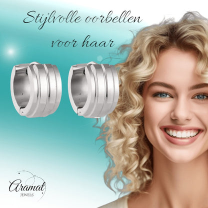 Zilverkleurige Klapcreolen - RVS - Twee Strepen - 13 mm - Uniseks - oor5786 - se20003 - Oorringen kopen# - 13mm - alles - cadeau