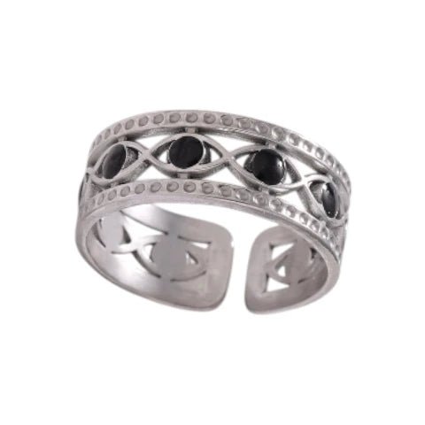Zilverkleurige Verstelbare RVS Ring met Zwart Boze Oog en Schakelmotief - Aramat Jewels - Ringen - cadeautip