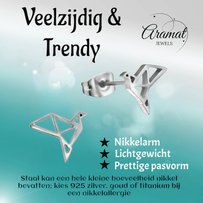 Zilverkleurige Vogel Oorbellen Origami 9mm RVS - Aramat Jewels - Oorbellen - cadeautip