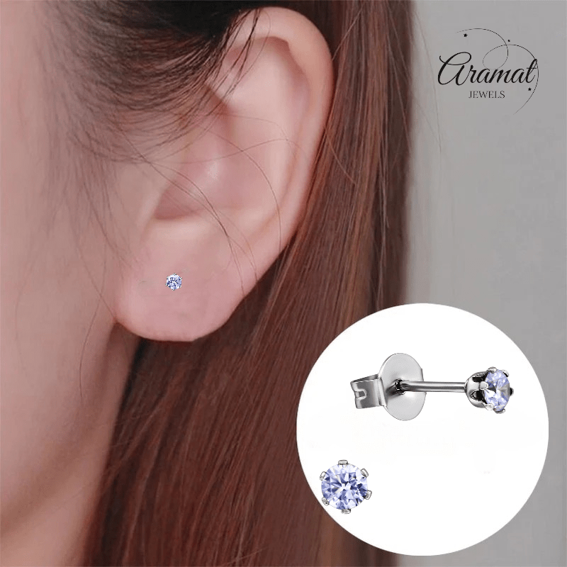 Zilverkleurige Zirkonia Oorbellen 3mm Lila - Aramat Jewels - Oorbellen - cadeautip