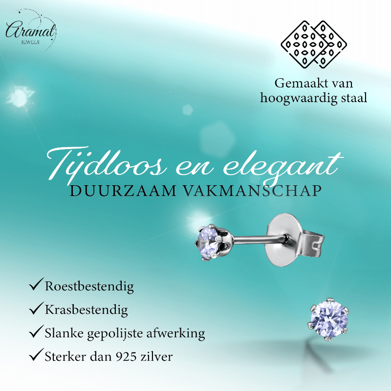 Zilverkleurige Zirkonia Oorbellen 3mm Lila - Aramat Jewels - Oorbellen - cadeautip