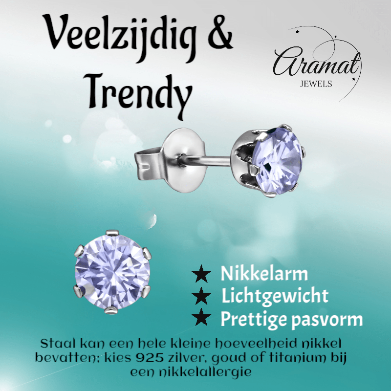 Zilverkleurige Zirkonia Oorbellen 5mm Lila - Aramat Jewels - Oorbellen - cadeautip