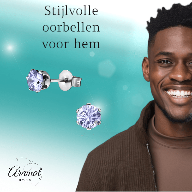 Zilverkleurige Zirkonia Oorbellen 5mm Lila - Aramat Jewels - Oorbellen - cadeautip