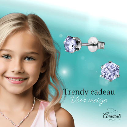 Zilverkleurige Zirkonia Oorbellen 5mm Lila - Aramat Jewels - Oorbellen - cadeautip