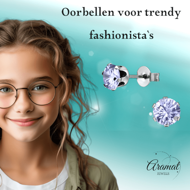 Zilverkleurige Zirkonia Oorbellen 6mm Lila - Aramat Jewels - Oorbellen - cadeautip