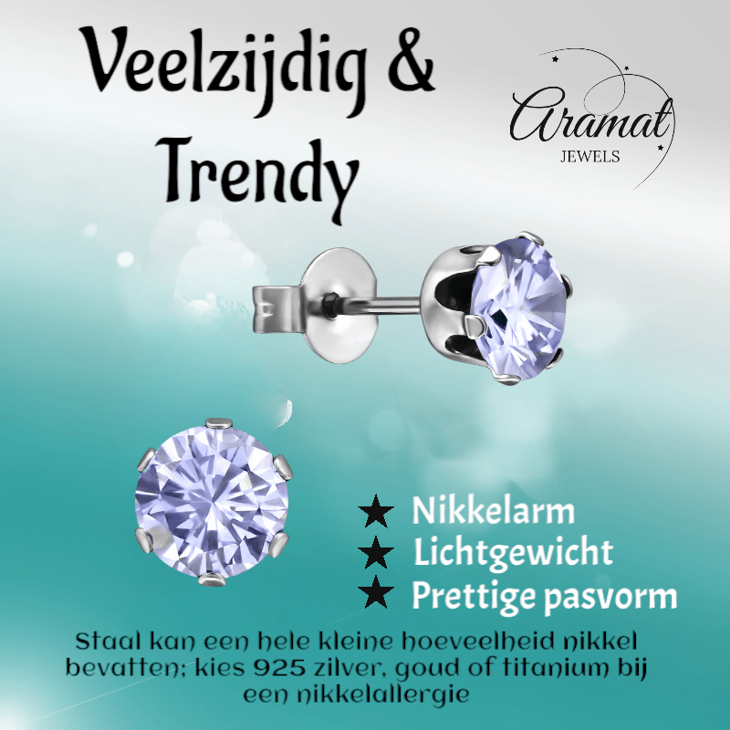 Zilverkleurige Zirkonia Oorbellen 6mm Lila - Aramat Jewels - Oorbellen - cadeautip
