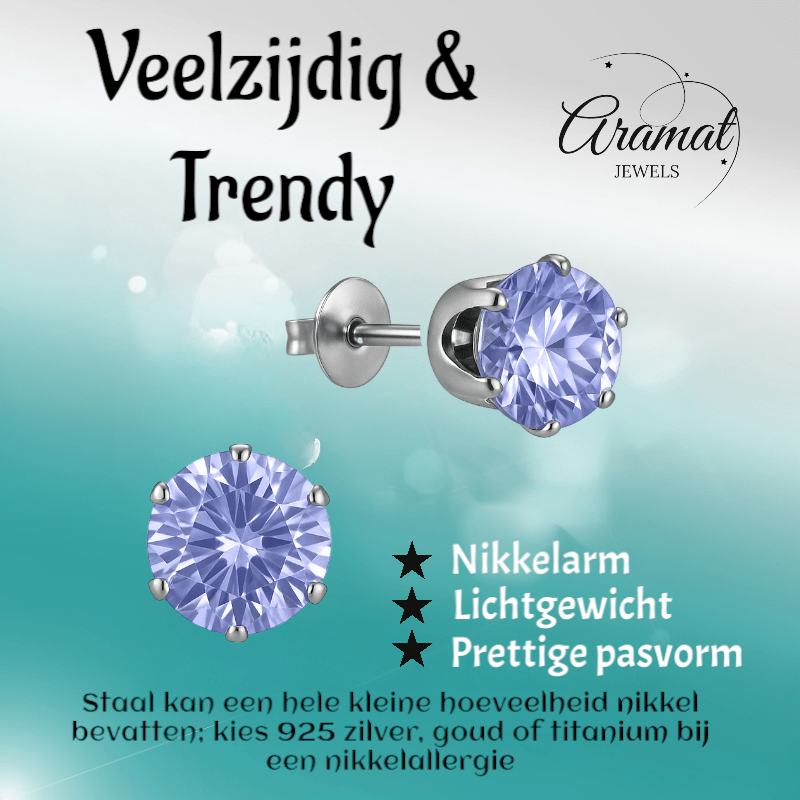 Zilverkleurige Zirkonia Oorbellen 8mm Lila - Aramat Jewels - Oorbellen - cadeautip