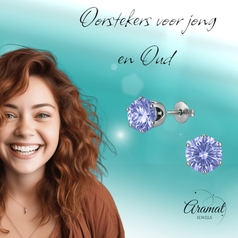 Zilverkleurige Zirkonia Oorbellen 8mm Lila - Aramat Jewels - Oorbellen - cadeautip