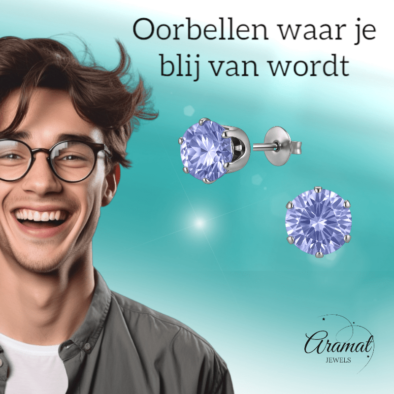 Zilverkleurige Zirkonia Oorbellen 8mm Lila - Aramat Jewels - Oorbellen - cadeautip