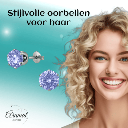 Zilverkleurige Zirkonia Oorbellen 8mm Lila - Aramat Jewels - Oorbellen - cadeautip