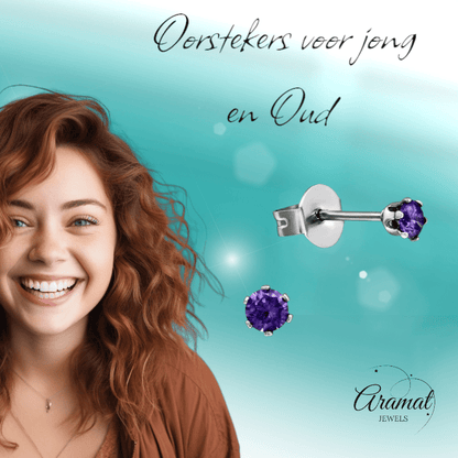 Zirkonia Oorbellen Paars – 3mm RVS - Aramat Jewels - Oorbellen - cadeautip