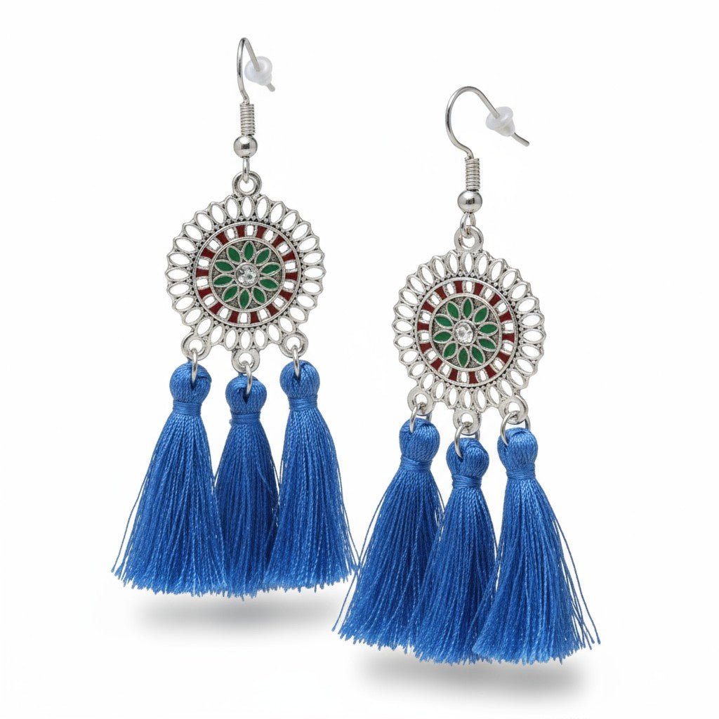 Festival oorhangers blauw met kwastjes, boho stijl, 75x21mm, frisse zomerse oorbellen met emaille