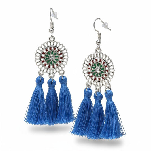 Festival oorhangers blauw met kwastjes, boho stijl, 75x21mm, frisse zomerse oorbellen met emaille