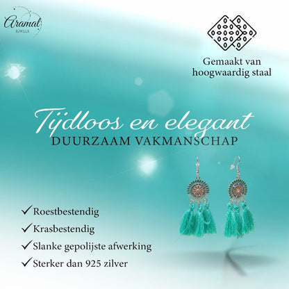 Zomerse Boho Oorhangers Kwastjes Mint 75mm - Aramat Jewels - Oorbellen - cadeautip