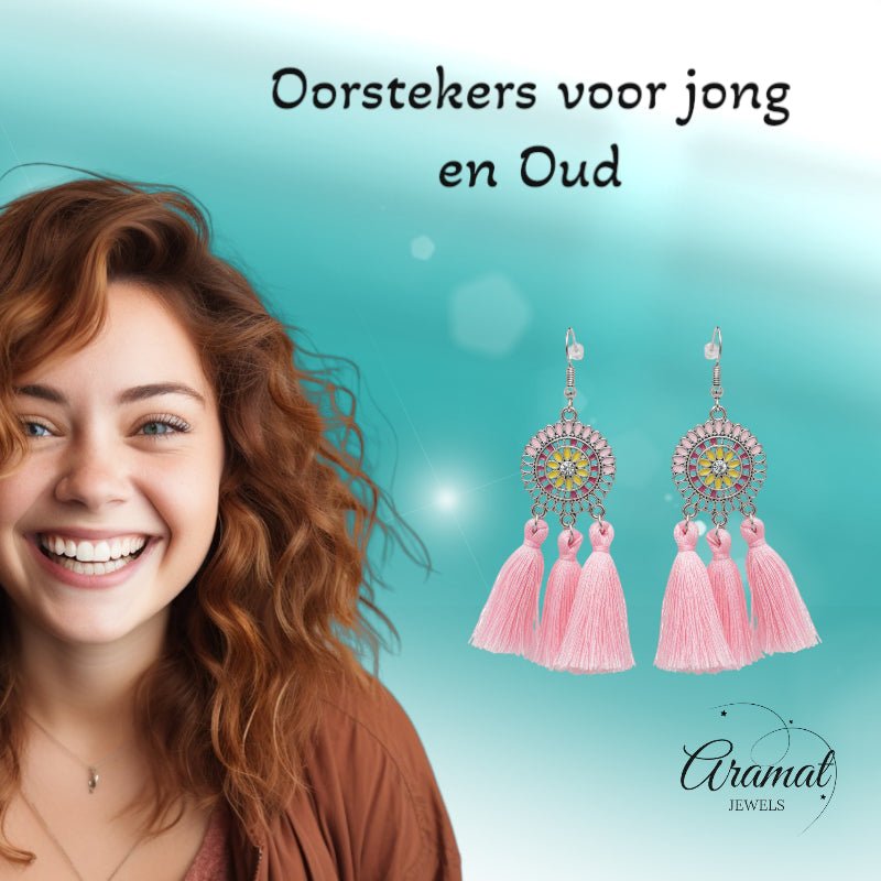 Licht roze bohemian oorhangers met 3 kwastjes, roestvrij staal, 75mm, handgemaakte statement oorbellen zomer