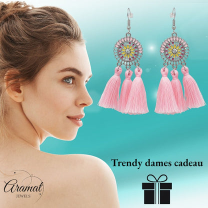 Zomerse Boho Oorhangers Kwastjes Roze 75mm - Aramat Jewels - Oorbellen - cadeautip