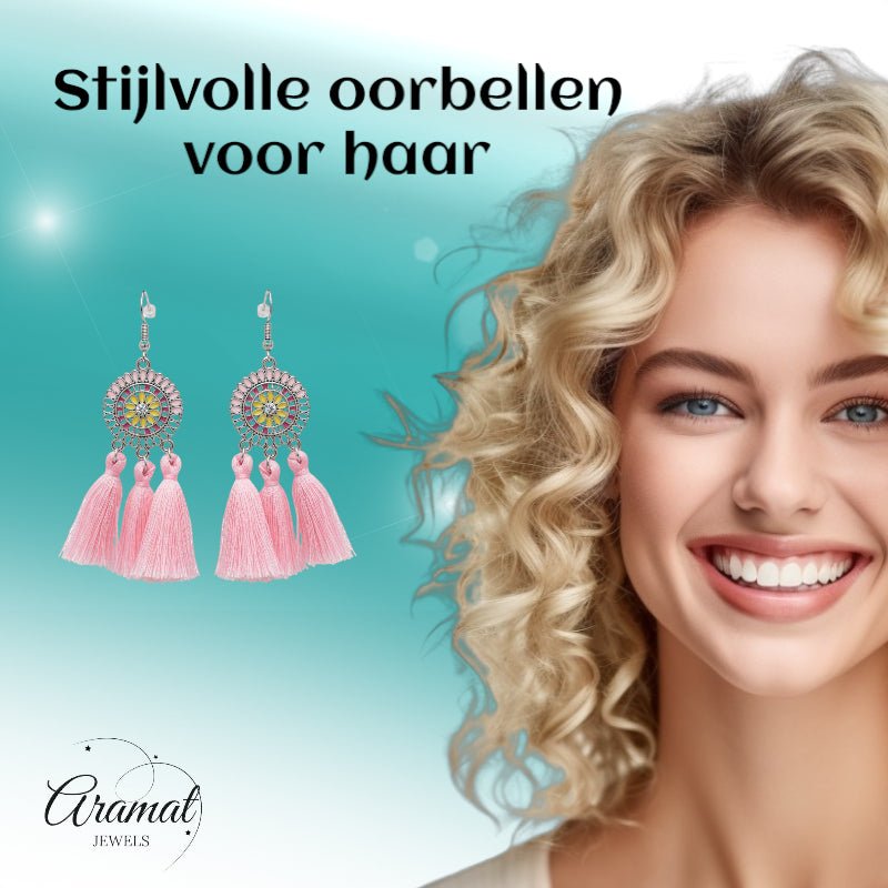 Zomerse Boho Oorhangers Kwastjes Roze 75mm - Aramat Jewels - Oorbellen - cadeautip