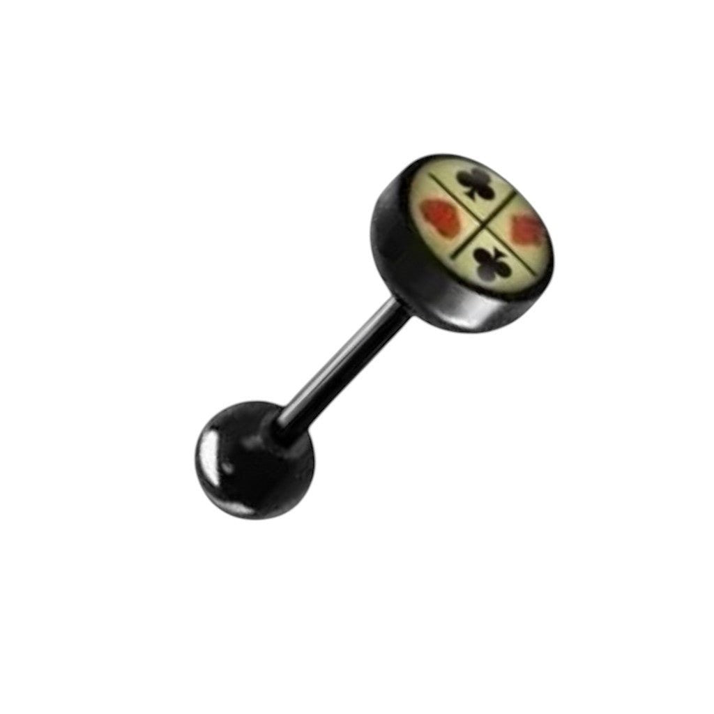 Aramat Jewels black bioplast tongue piercing with a playing card suit design on the top ball.