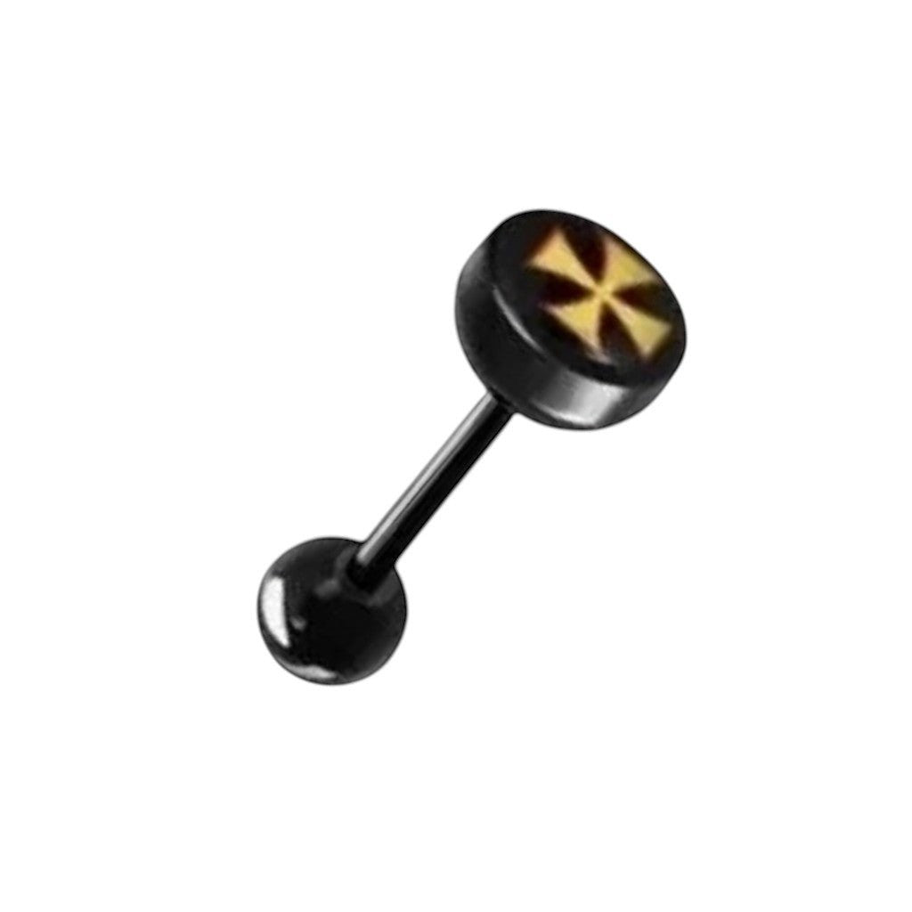 Aramat Jewels black bioplast tongue piercing with a yellow cross logo design. Features a 16mm bar and 7mm/6mm balls.