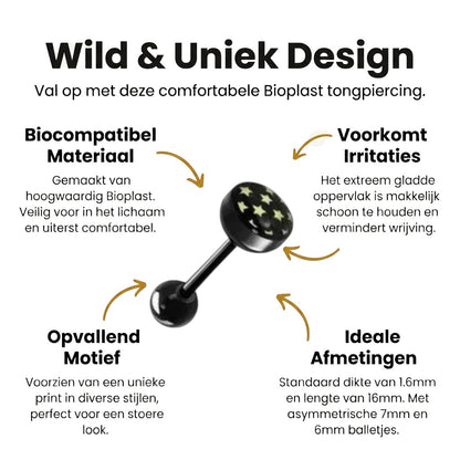 Een paar zwarte en witte sterren staan bovenaan de zwarte studs