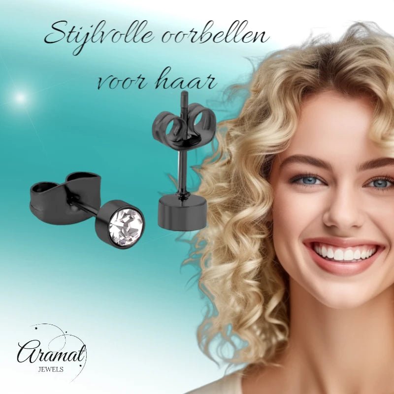 Zwarte Oorbellen met Kristal | 4mm Uniseks - oor3749 - Oorbellen kopen# - 4mm - alles