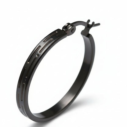 Zwarte RVS Oorringen met Streepjes Motief - 30 mm - Aramat Jewels - Oorringen - cadeautip