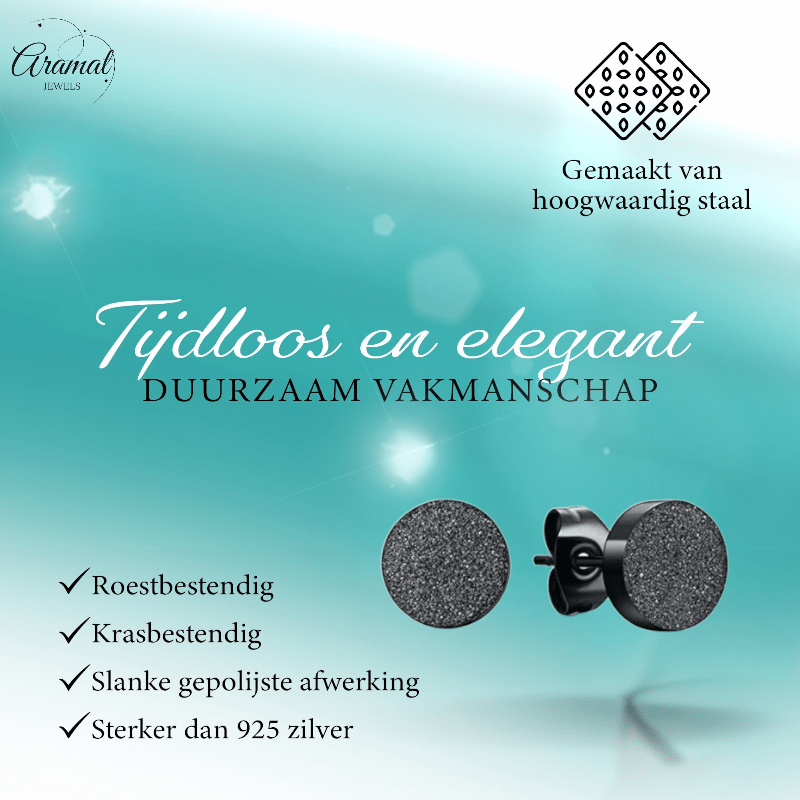 Zwarte RVS Oorstekers Mat 7mm Sandblasted - Aramat Jewels - Oorbellen - cadeautip