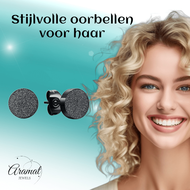 Zwarte RVS Oorstekers Mat 7mm Sandblasted - Aramat Jewels - Oorbellen - cadeautip