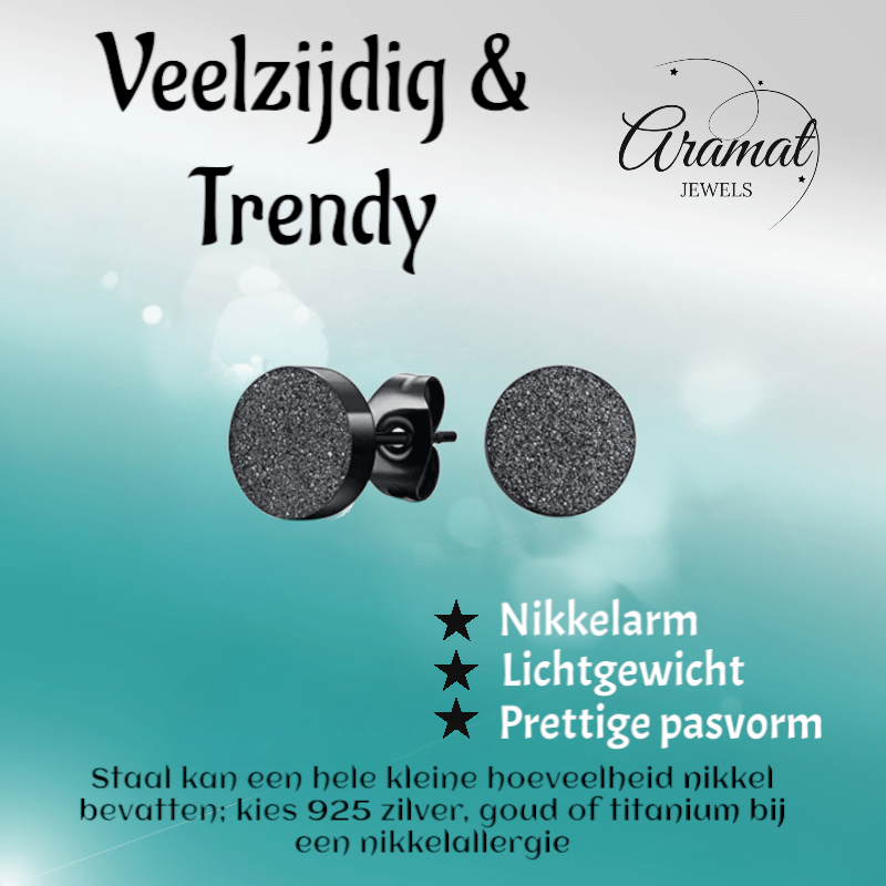 Zwarte RVS Oorstekers Sandblasted 6mm - Aramat Jewels - Oorbellen - cadeautip