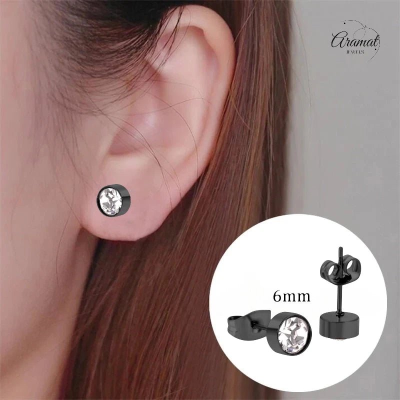 Zwarte Stalen Oorbellen met Kristal | 6mm - oor3751 - Oorbellen kopen# - 6mm - alles