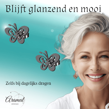 Zwarte vlinder oorstekers staal – 8x10mm open vleugel - Aramat Jewels - Oorbellen - cadeautip